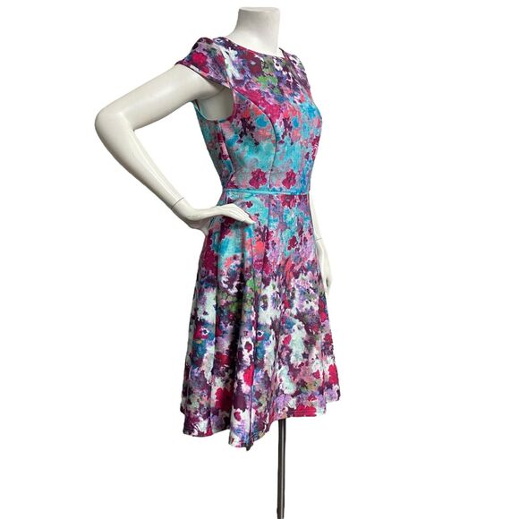 ADRIANNA PAPELL Multi Aqua Floral Scuba Womens Sz 4 Fit & Flare Cocktail Dress - Picture 3 of 10